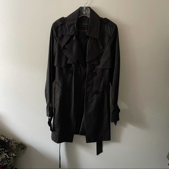 Tahari Black Ruffle Detail Trench Coat - Picture 1 of 9
